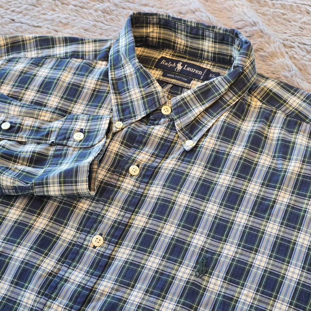 Ralph Lauren Mens XL Plaid Button Down Shirt Blue Green White Long Sleeve Cotton